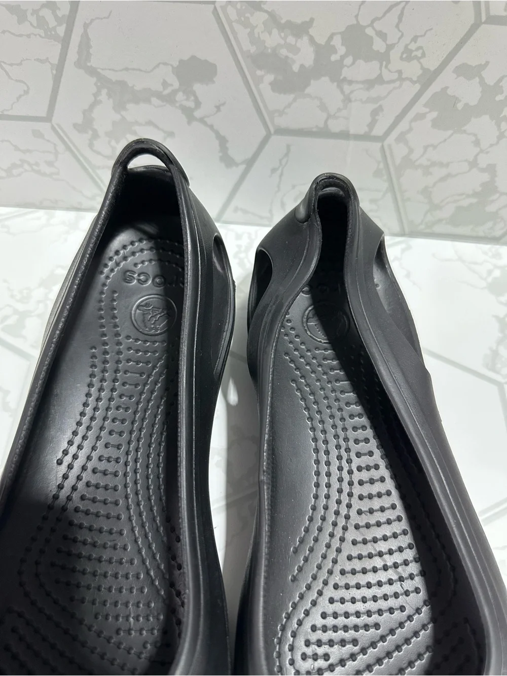CROCS Black Women's Slip-On Flats with Gold Floral Charms